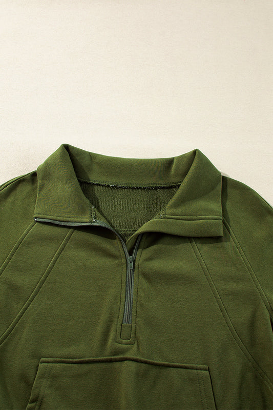 Moss Green Quarter Zip Stand Neck Kangaroo Pocket Sweatshirt-Chaelisa's New Jammies