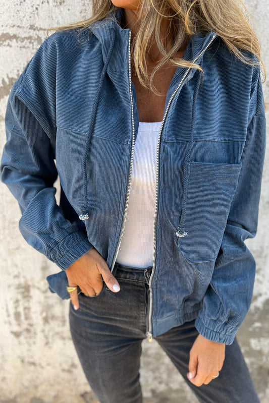 Real Teal Corduroy Drawstring Hooded Pocket Zip Up Jacket-Chaelisa's New Jammies