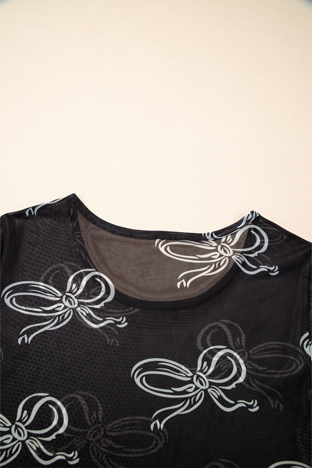 Black Bow Printed Mesh Short Sleeve Top-Chaelisa's New Jammies