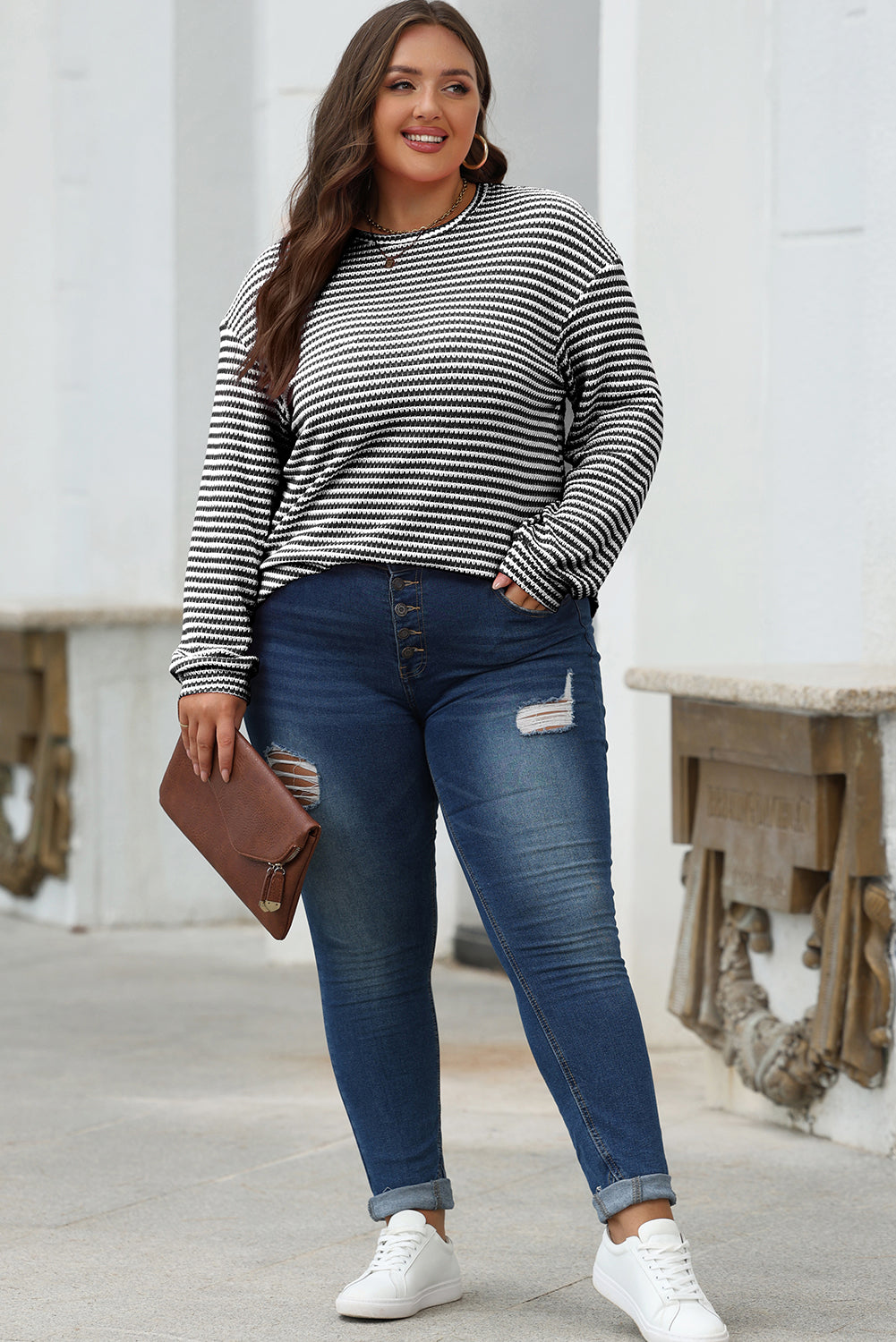 Black Stripe Round Neck Drop Shoulder Long Sleeve Top-Chaelisa's New Jammies