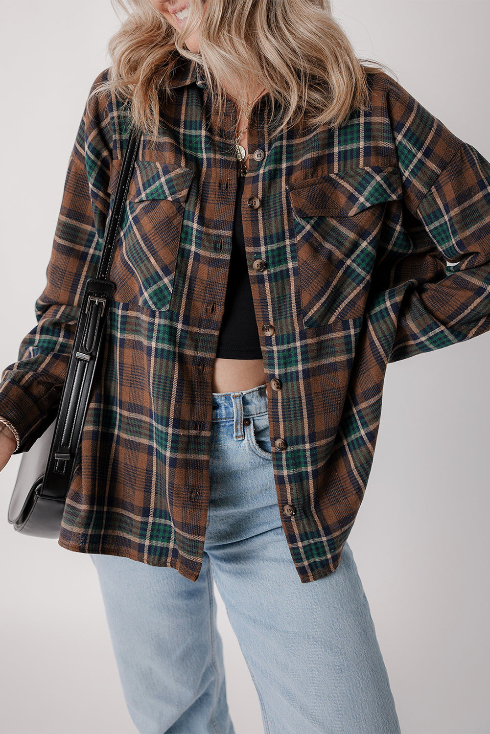 Brown Plaid Print Chest Pockets Buttoned Shirt Jacket-Chaelisa's New Jammies