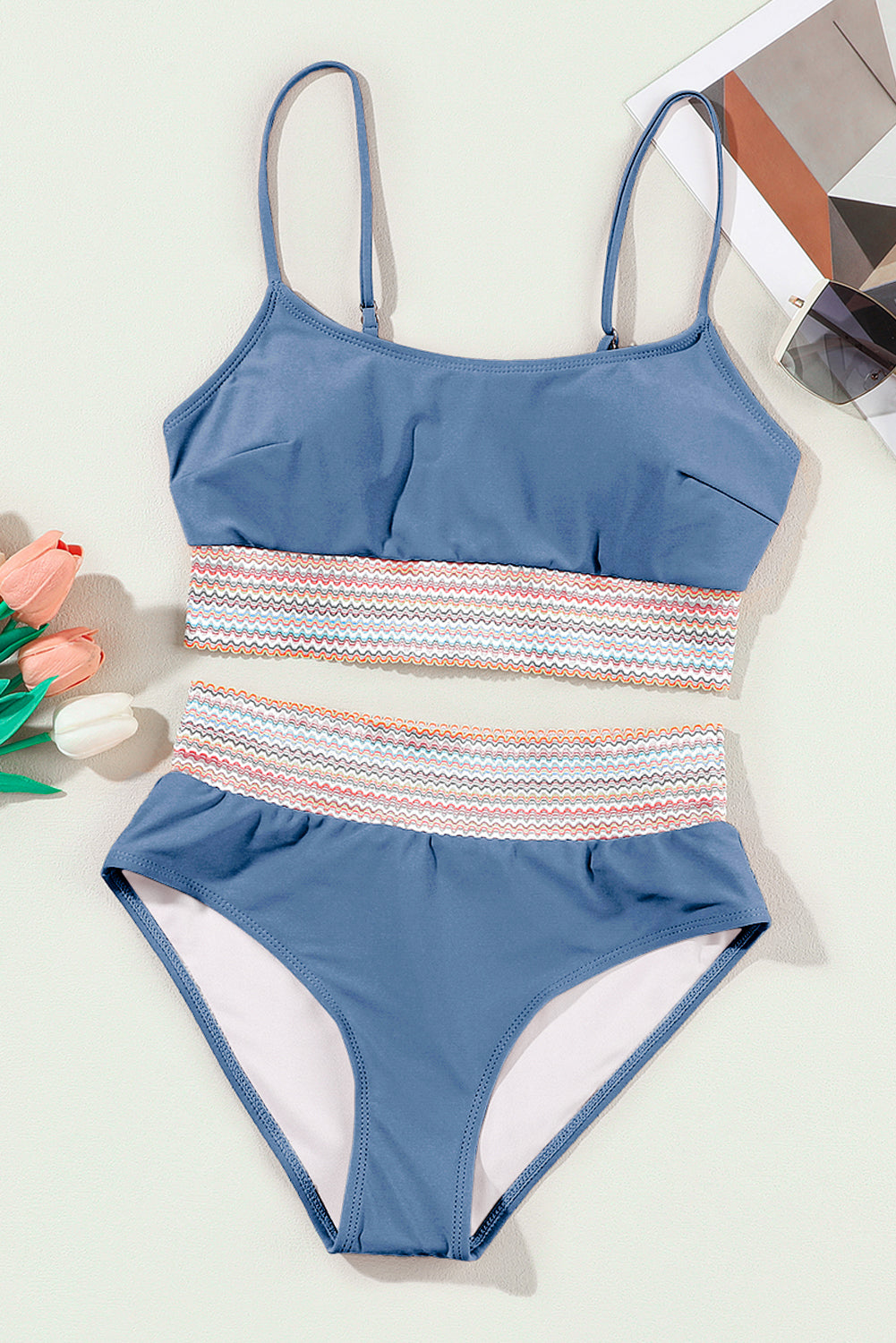 Dusk Blue Colorful Stitch Border Detail 2pcs High Waist Bikini Swimsuit