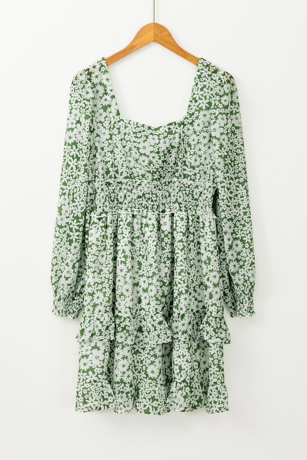 Green Floral Print Square Neck Shirred Waist Tiered Ruffled Mini Dress-Chaelisa's New Jammies