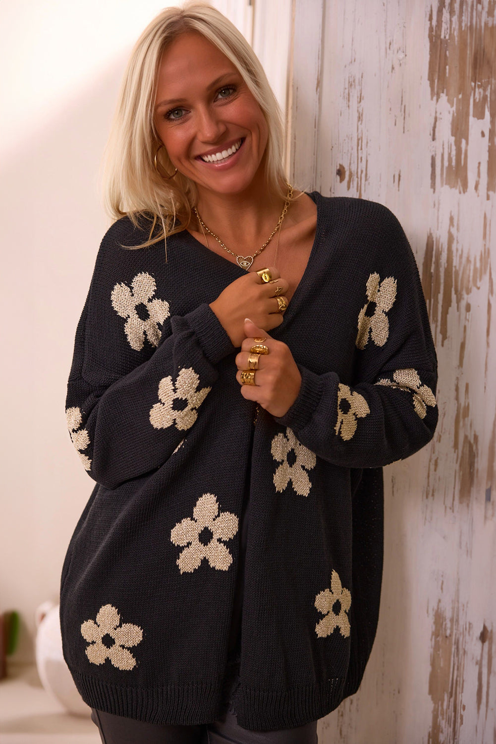 Black Floral Print Knitted Open Front Loose Cardigan-Chaelisa's New Jammies