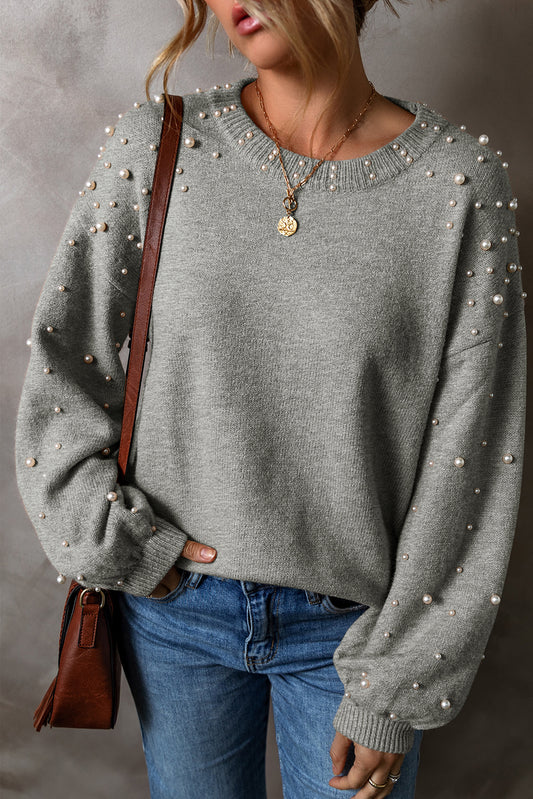 Light Grey Pearled Drop Shoulder Round Neck Sweater-Chaelisa's New Jammies