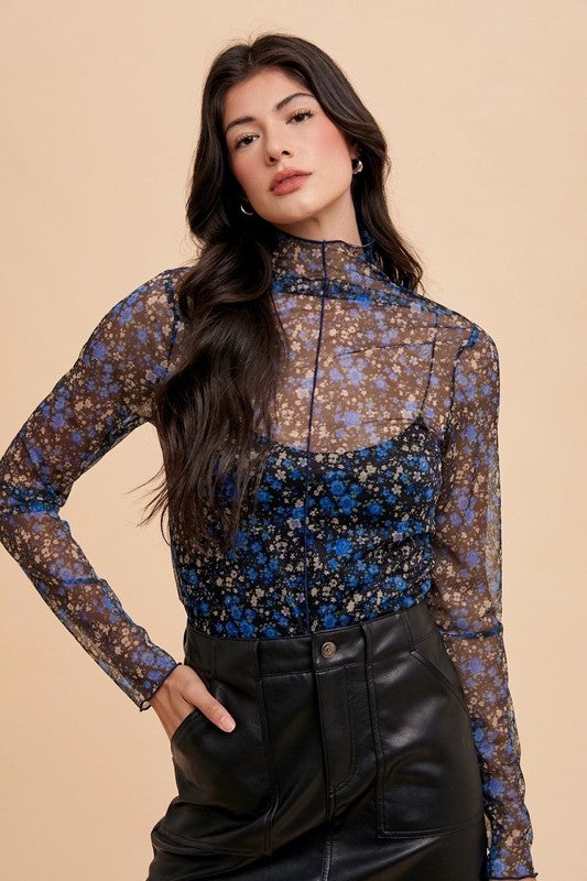 Annie Wear Floral Lettuce Hem Sheer Mesh Top-Chaelisa's New Jammies