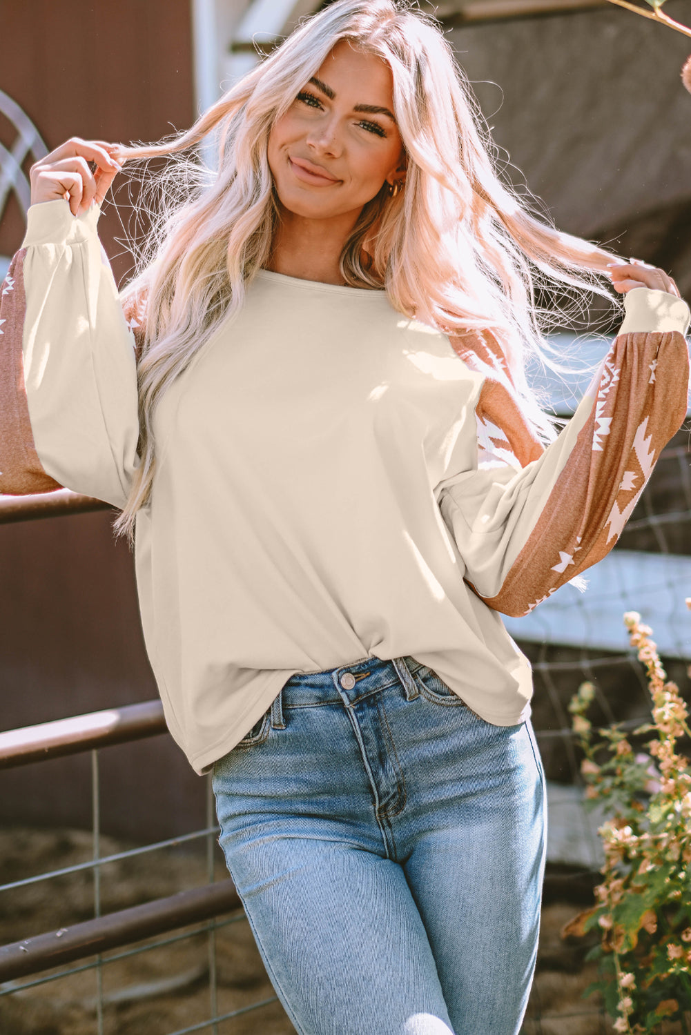 Apricot Western Print Patch Long Sleeve Top-Chaelisa's New Jammies