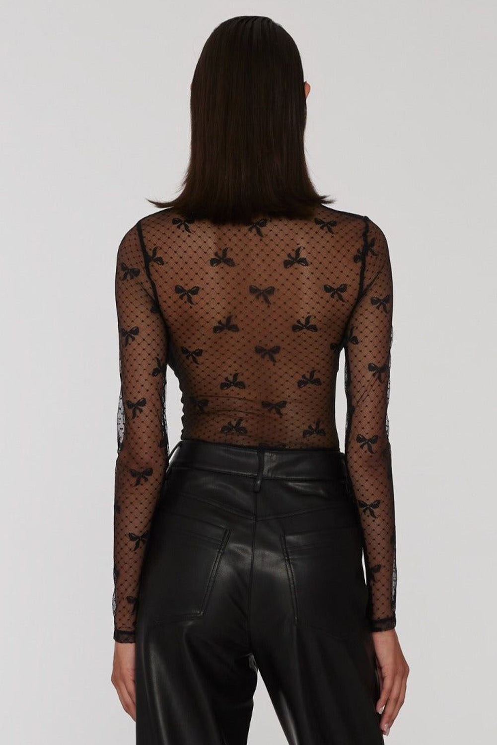Black Bow Pattern Accent Mesh Long Sleeve Top-Chaelisa's New Jammies
