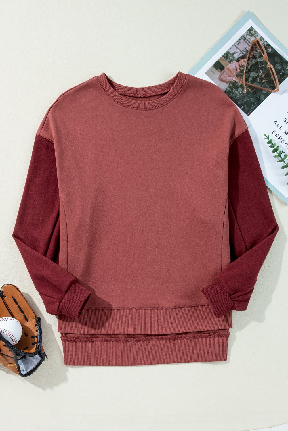 Mineral Red Two Tone Patchwork Drop Shoulder Pullover Sweatshirt-Chaelisa's New Jammies