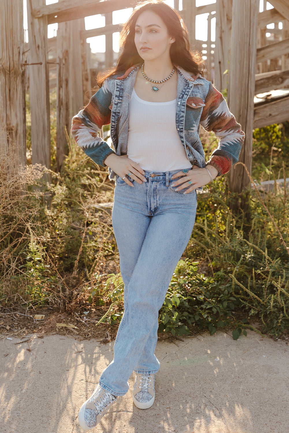 Multicolor Aztec Print Frayed Hem Denim Jacket-Chaelisa's New Jammies