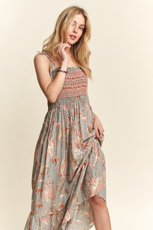 ADORA Smocked Printed Square Neck Tie Shoulder Cami Dress-Chaelisa's New Jammies