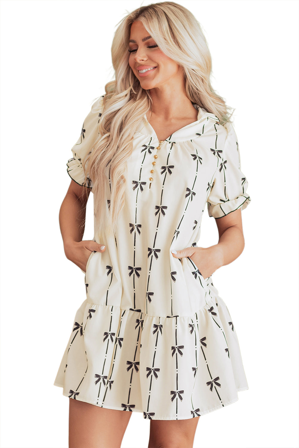 Beige Cute Bowknot Printed Bubble Sleeve V Neck Mini Dress-Chaelisa's New Jammies