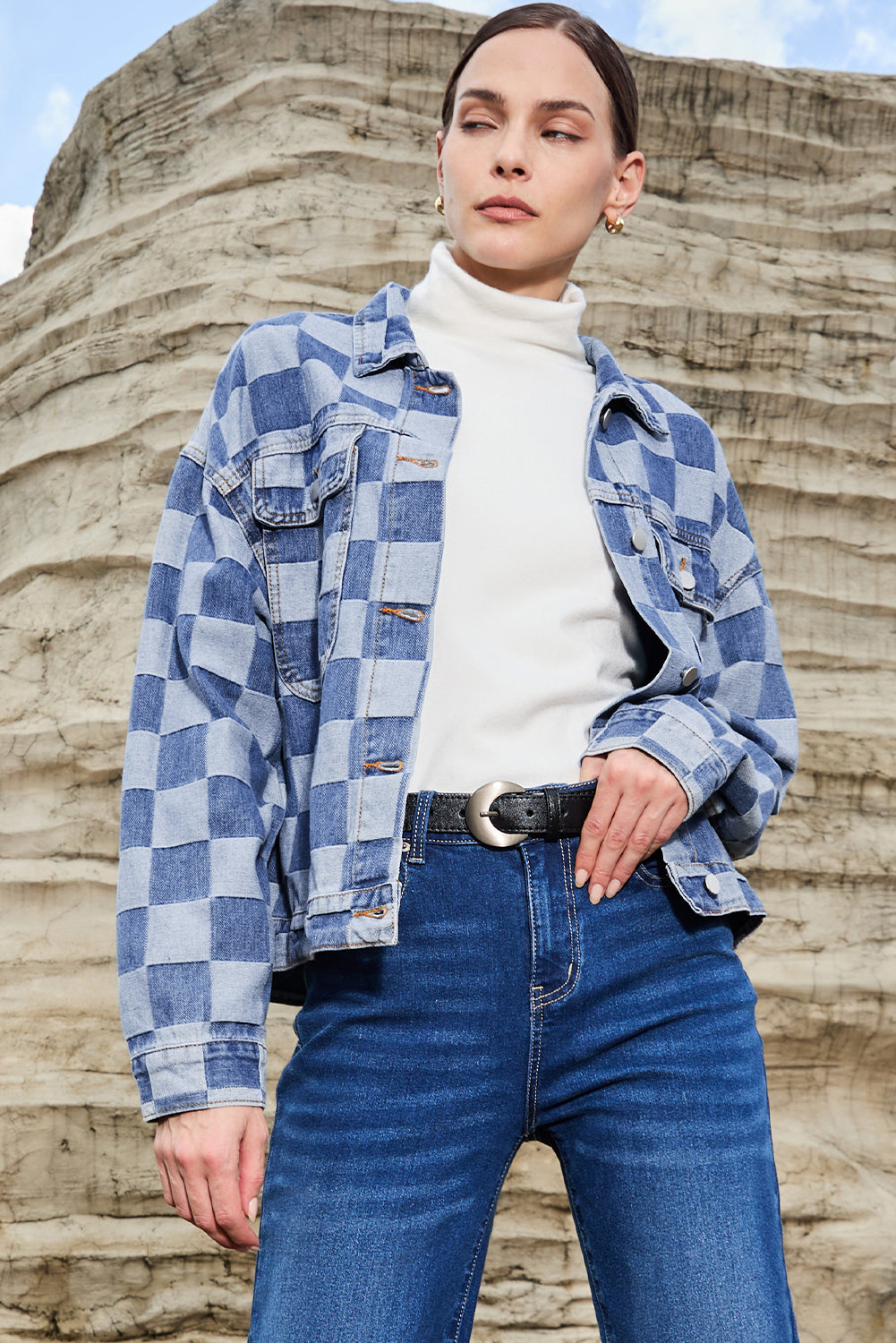 Light Blue Checkered Patchwork Button up Denim Jacket-Chaelisa's New Jammies