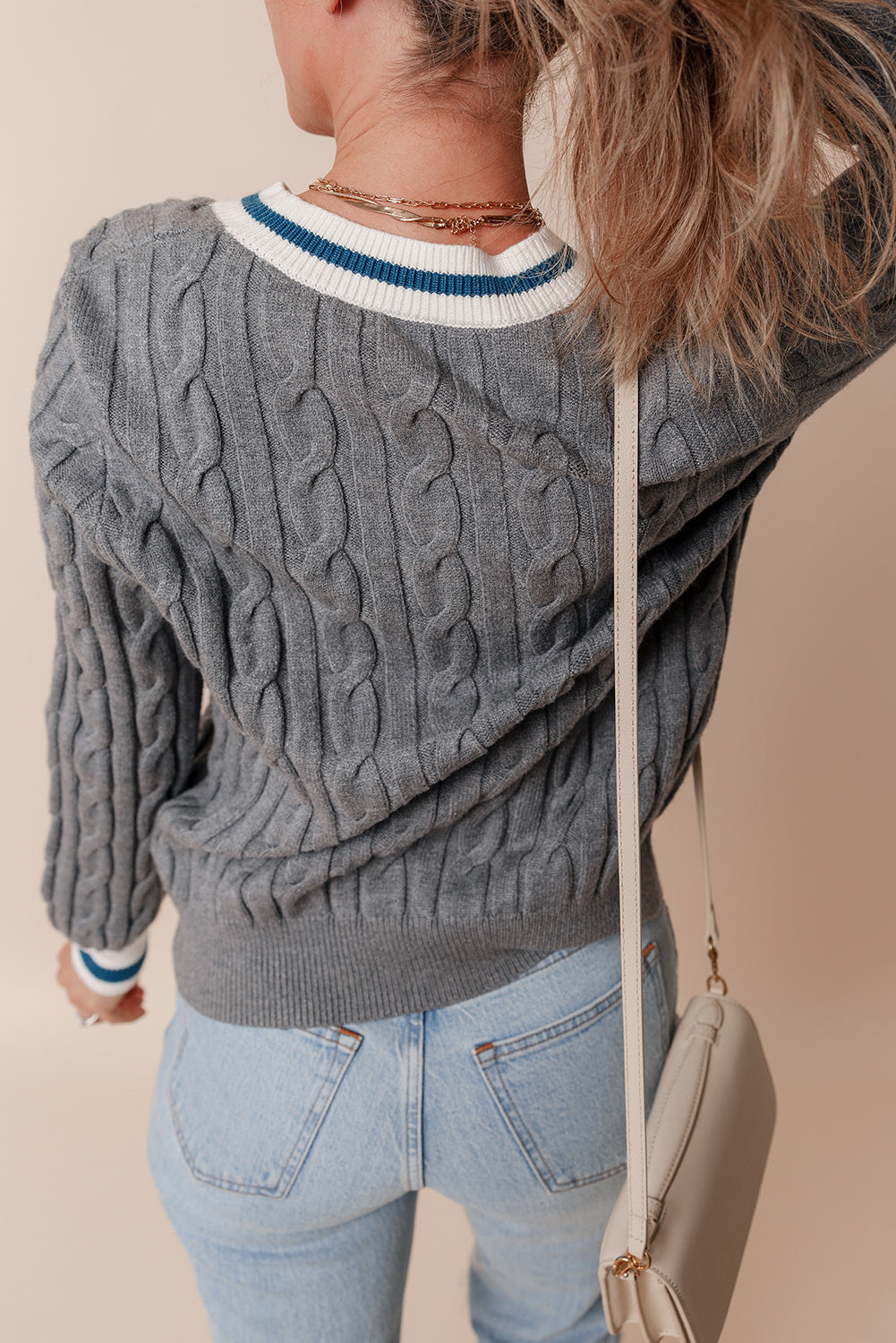 Medium Grey Color Contrast Ribbed Edge Cable Knit V Neck Sweater-Chaelisa's New Jammies