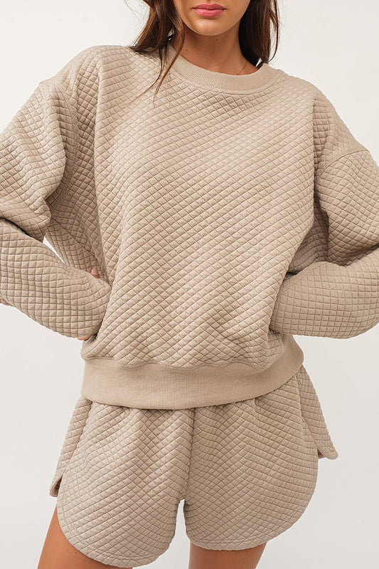 Parchment Solid Color Quilted Long Sleeve Top and Shorts Set-Chaelisa's New Jammies