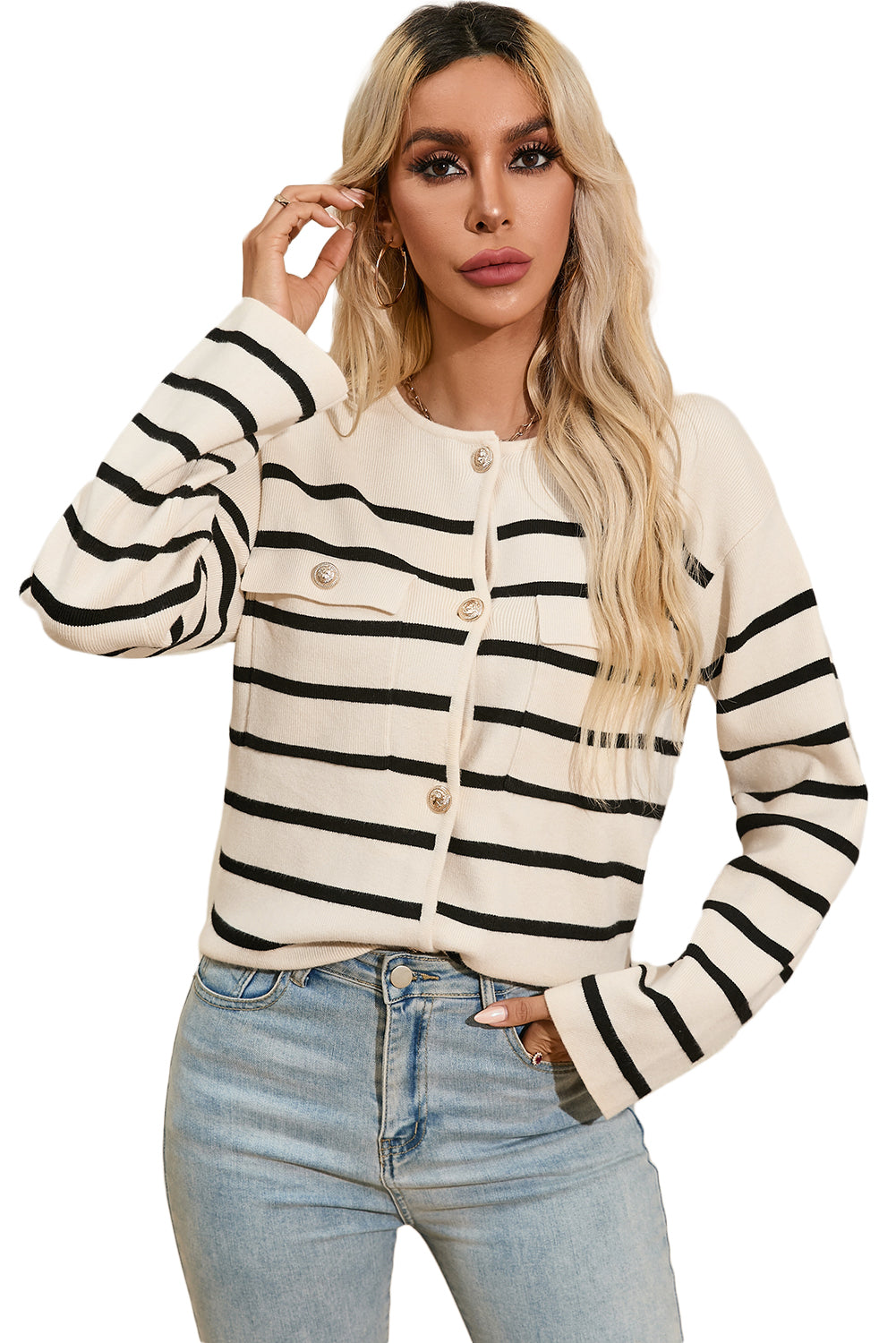 Black Stripe Flap Pocket Buttoned Cardigan Sweater-Chaelisa's New Jammies