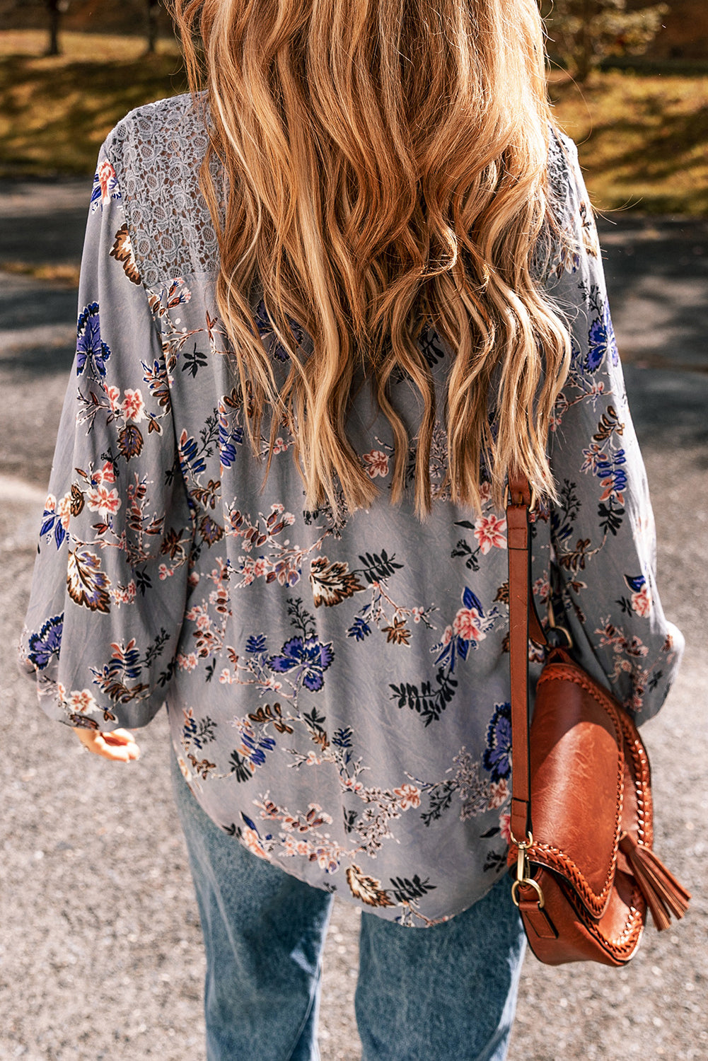 Sky Blue Floral Print Lace Patchwork Knot Front V Neck Blouse-Chaelisa's New Jammies