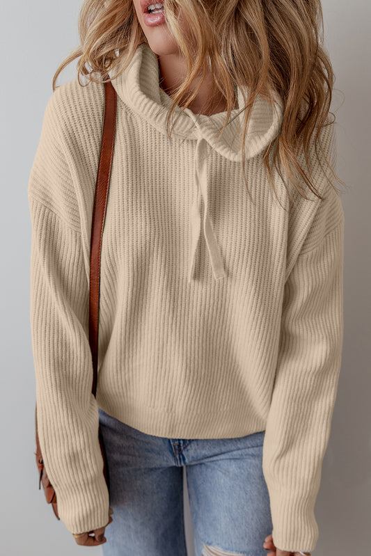 Beige Solid Color Drawstring Hooded Drop Shoulder Pullover Sweater-Chaelisa's New Jammies