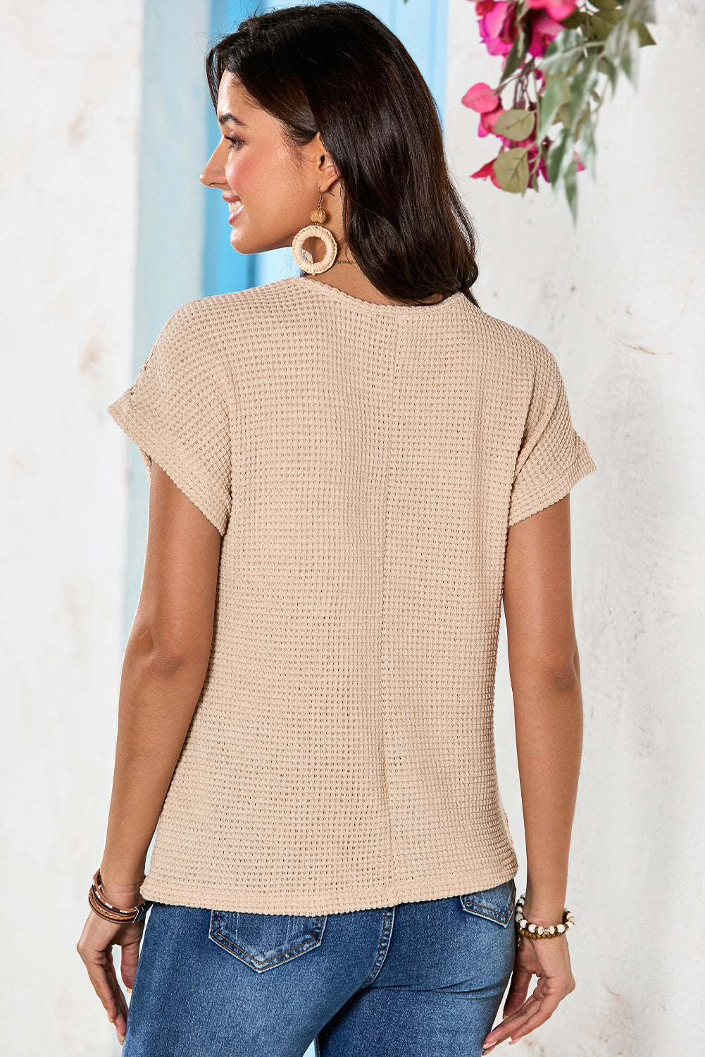Oatmeal Lace Patchwork Waffle Short Sleeve Top-Chaelisa's New Jammies