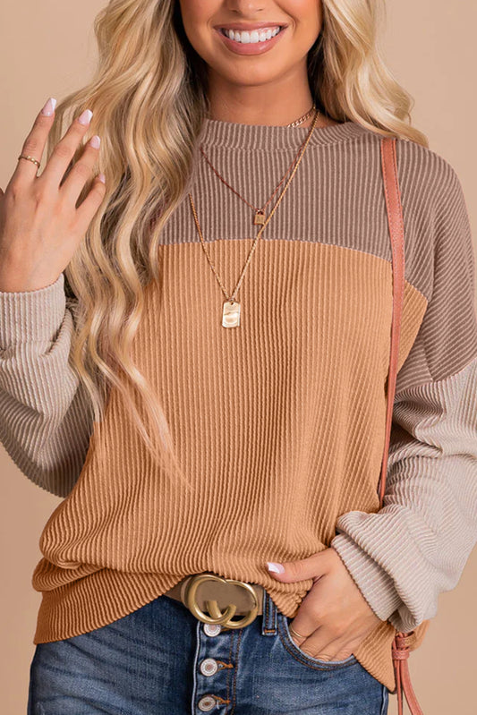 Khaki Color Block Long Sleeve Ribbed Loose Top-Chaelisa's New Jammies