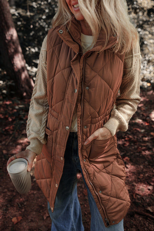 Coffee Longline Quilted Stand Collar Puffer Vest-Chaelisa's New Jammies