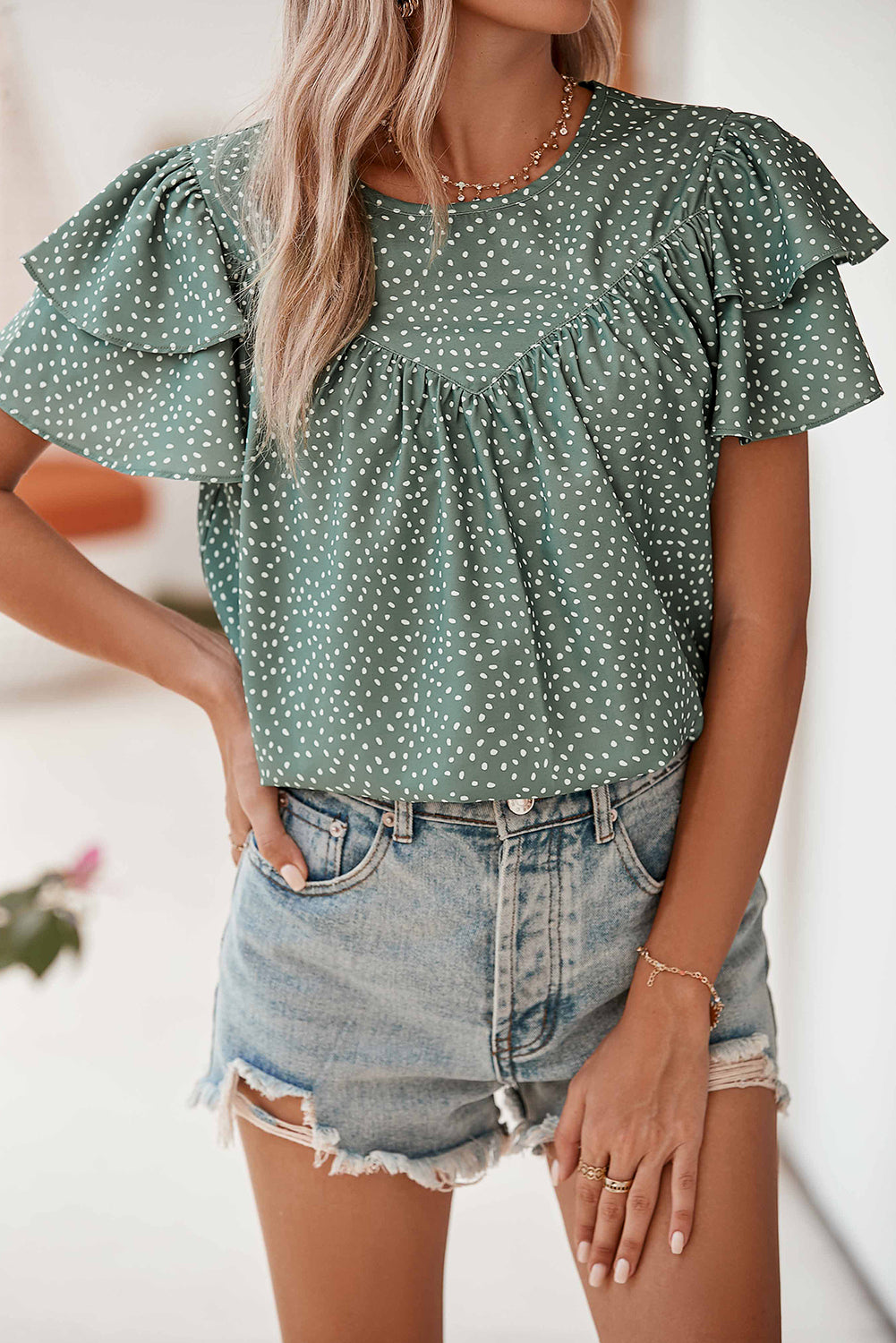 Laurel Green Spotted Print Pleated Ruffle Sleeve Blouse-Chaelisa's New Jammies