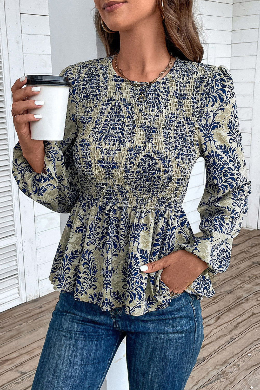 Sky Blue Boho Printed Balloon Sleeve Smocked Peplum Blouse-Chaelisa's New Jammies