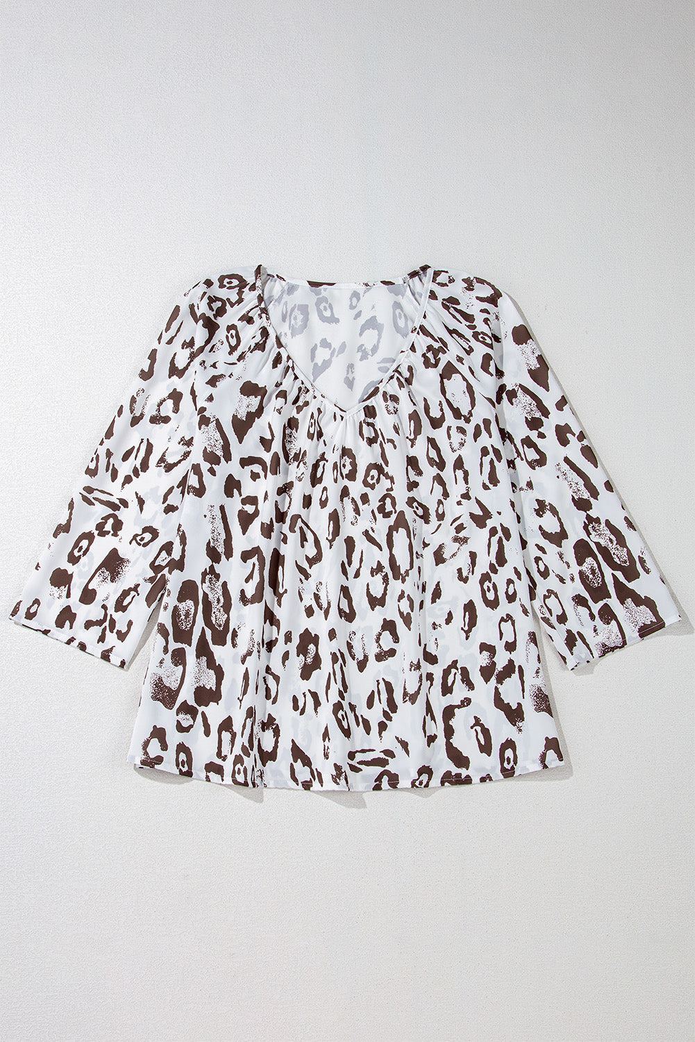 Khaki Leopard Print Ruched V Neck 3/4 Sleeve Blouse-Chaelisa's New Jammies