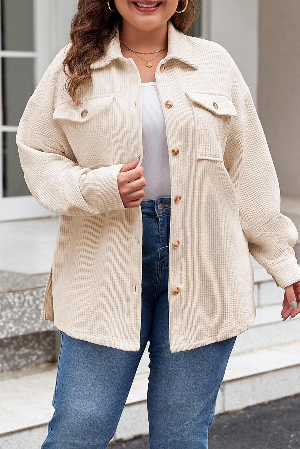 Oatmeal Textured Flap Pockets Buttoned Plus Size Shacket-Chaelisa's New Jammies