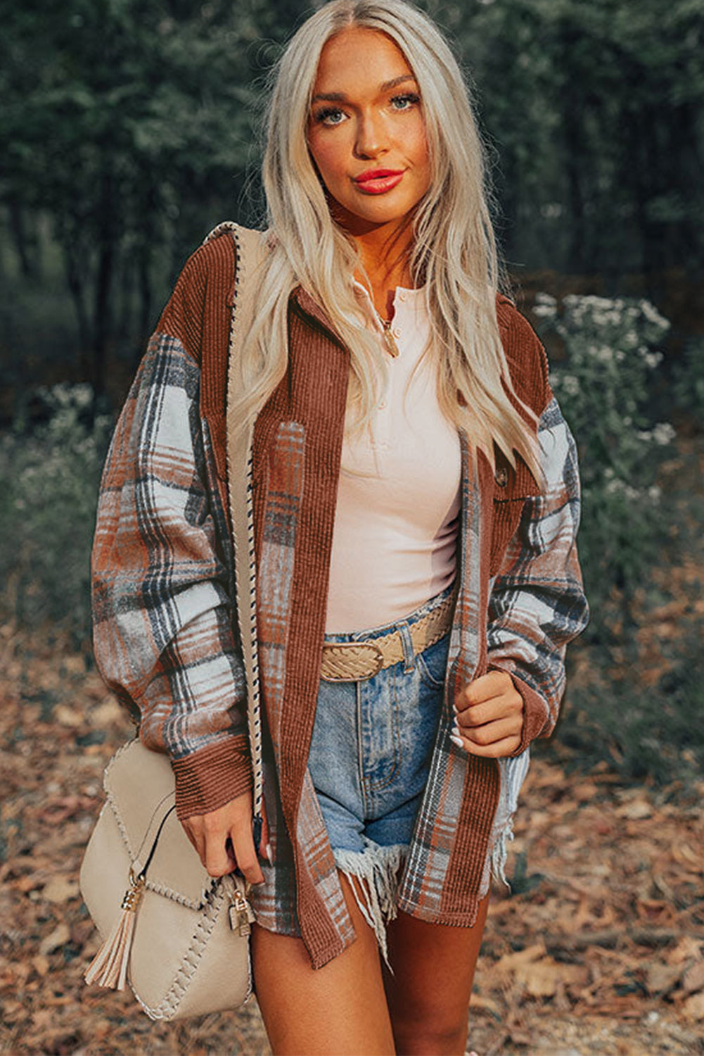 Cinnamon Plaid Corduroy Patchwork Chest Pocket Shacket-Chaelisa's New Jammies