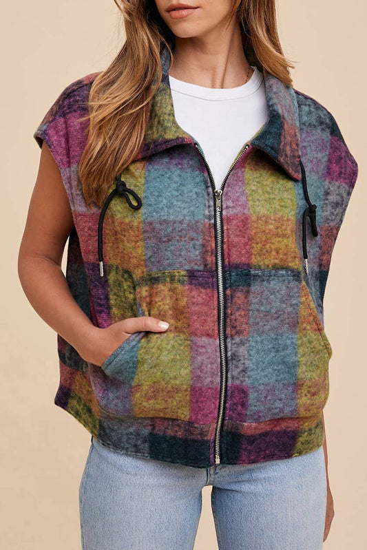 Multicolor Plaid Print Side Pockets Zipped Loose Vest-Chaelisa's New Jammies