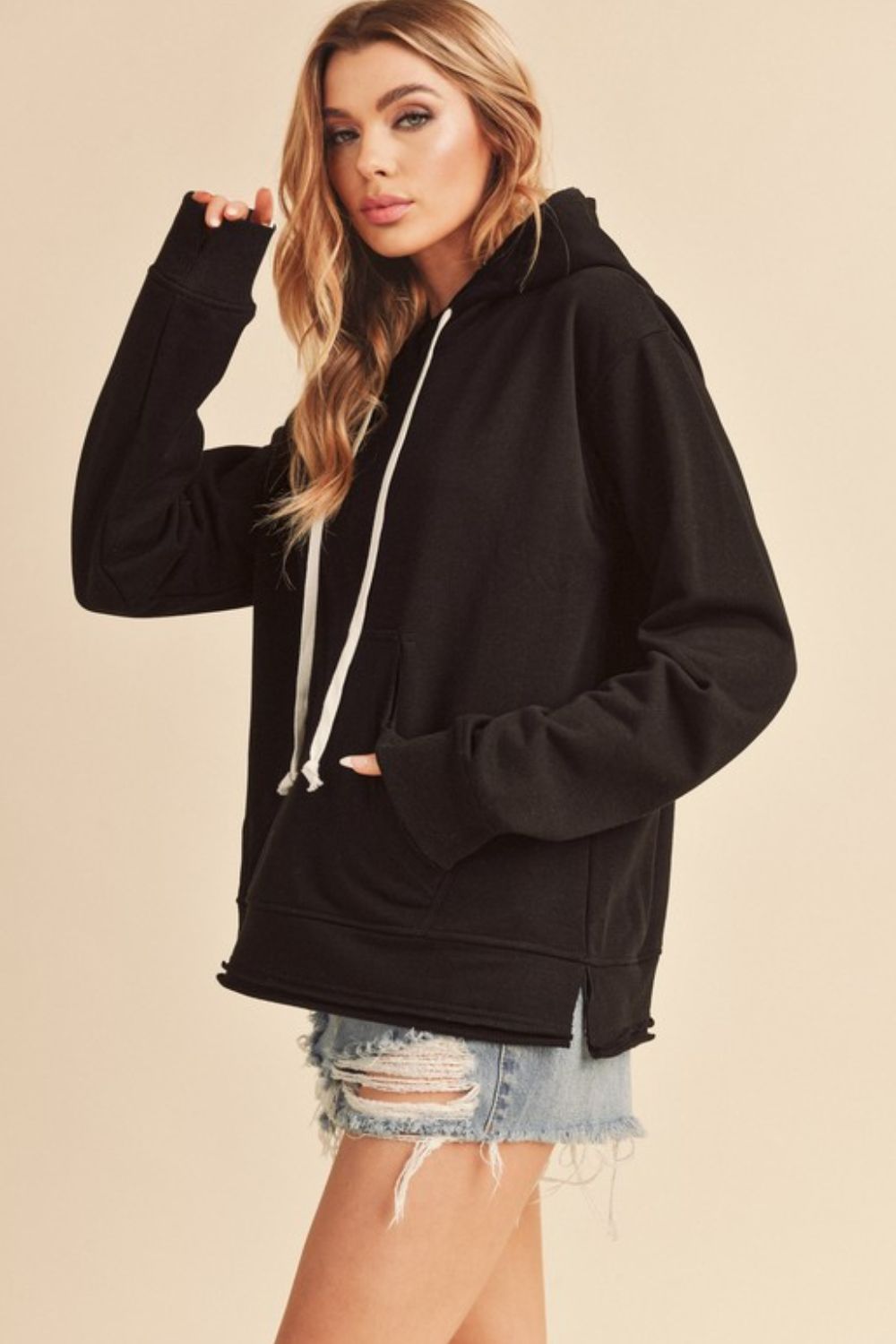 Aemi + Co Raw Hem Kangaroo Pocketed Drawstring Hoodie-Chaelisa's New Jammies