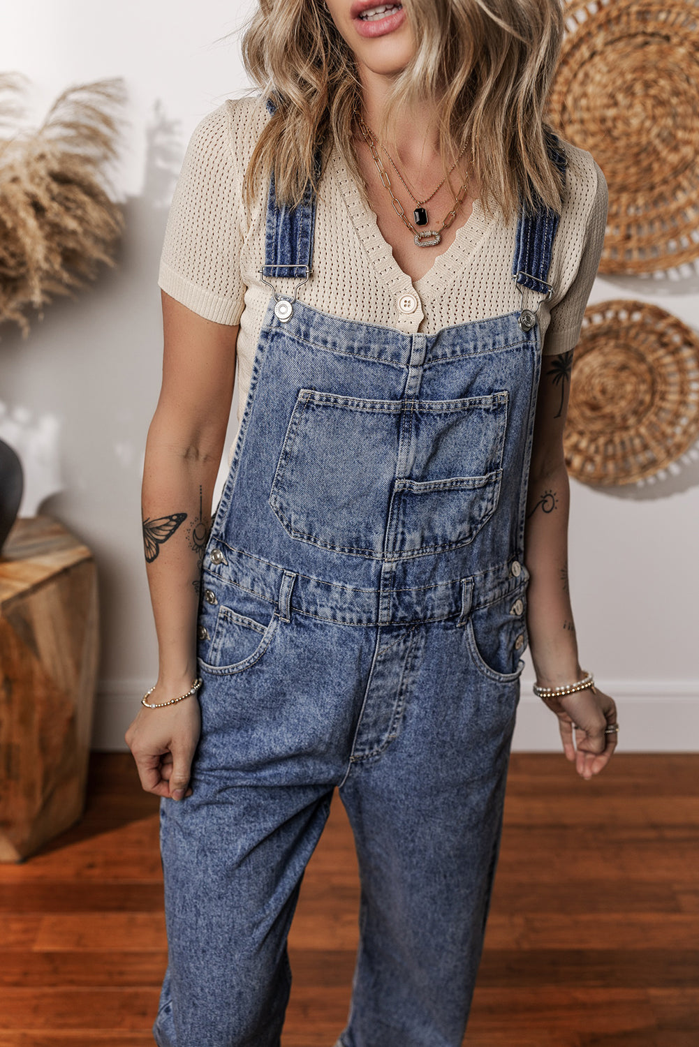 Sail Blue Denim Bib Straight Leg Jumpsuit with Pockets-Chaelisa's New Jammies