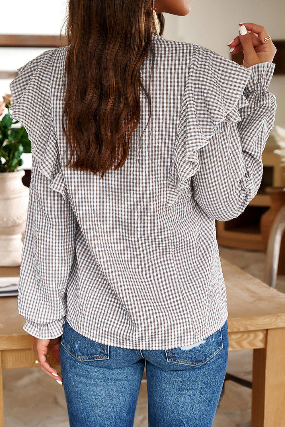 Brown Plaid Flounce Sleeve Notched Neck Ruffled Shirt-Chaelisa's New Jammies