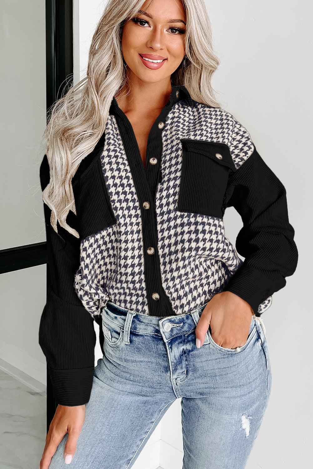 Black Houndstooth Corduroy Patchwork Flap Pocket Shacket-Chaelisa's New Jammies