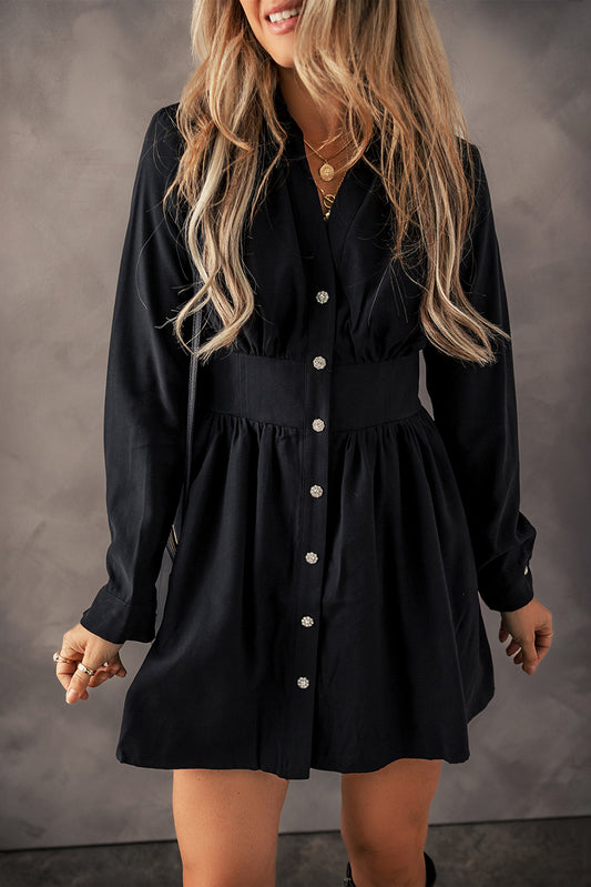 Black Elastic Cinched High Waist Long Sleeve Shirt Mini Dress-Chaelisa's New Jammies