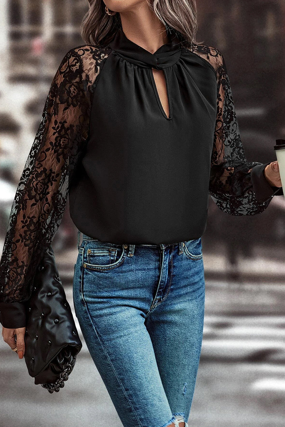 Black Keyhole Neckline Floral Lace Raglan Sleeve Blouse-Chaelisa's New Jammies