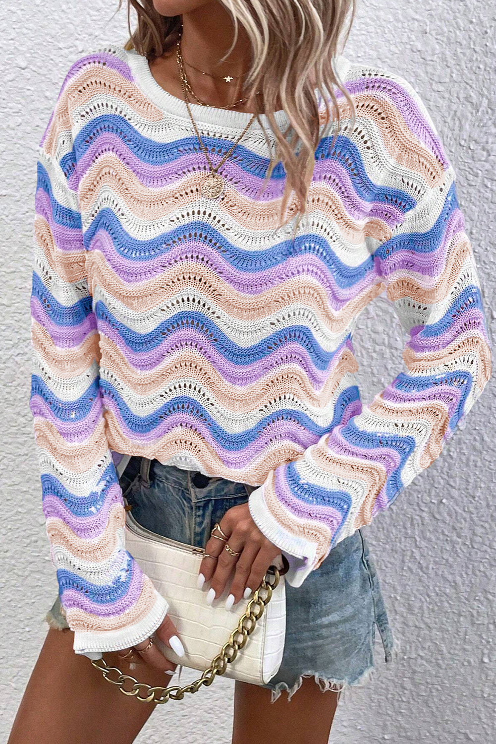 Purple Stripe Wavy Pointelle Knit Drop Shoulder Sweater-Chaelisa's New Jammies