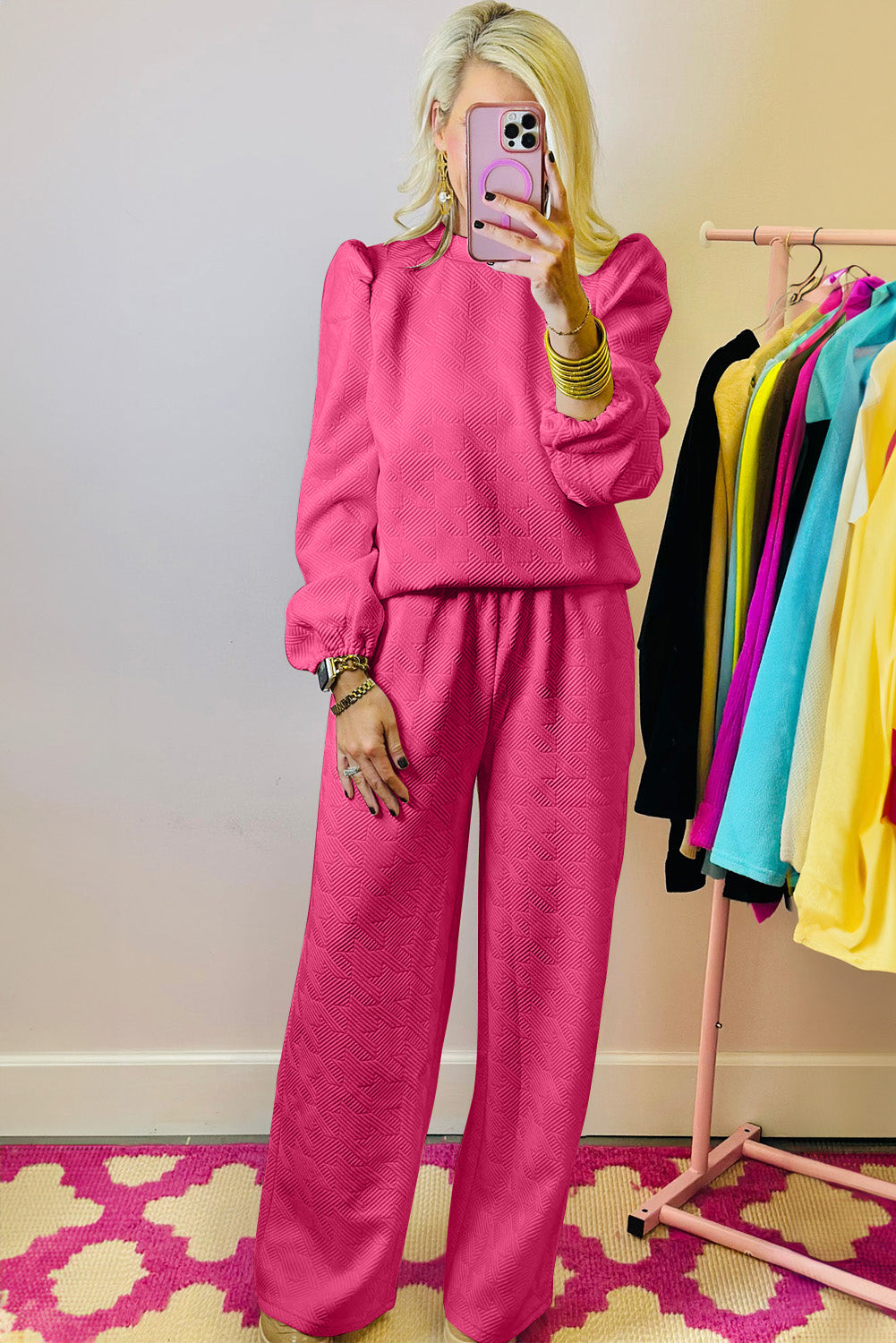 Rose Red Textured Puff Sleeve Top and Pants Set-Chaelisa's New Jammies
