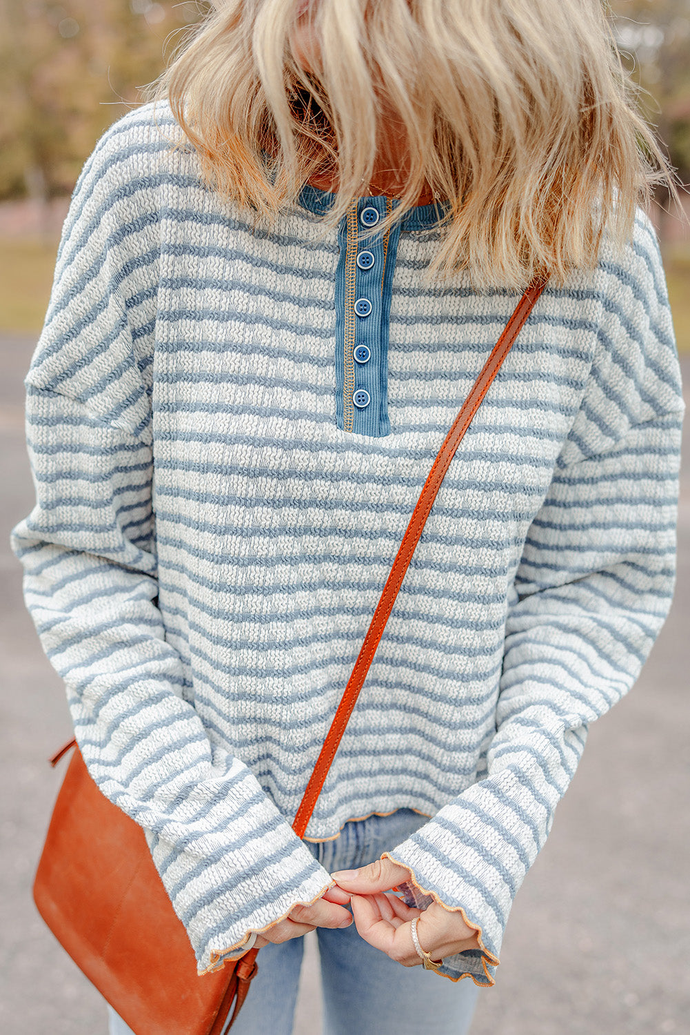 Sky Blue Stripe Textured Frilly Trim Buttons Henley Long Sleeve Top-Chaelisa's New Jammies