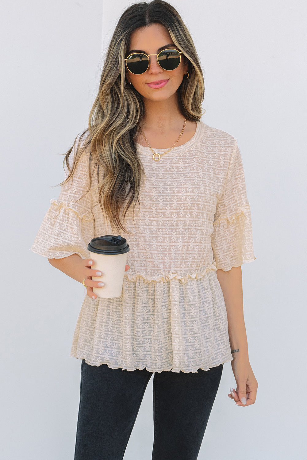Beige Solid Color Textured Ruffled Short Sleeve Blouse-Chaelisa's New Jammies