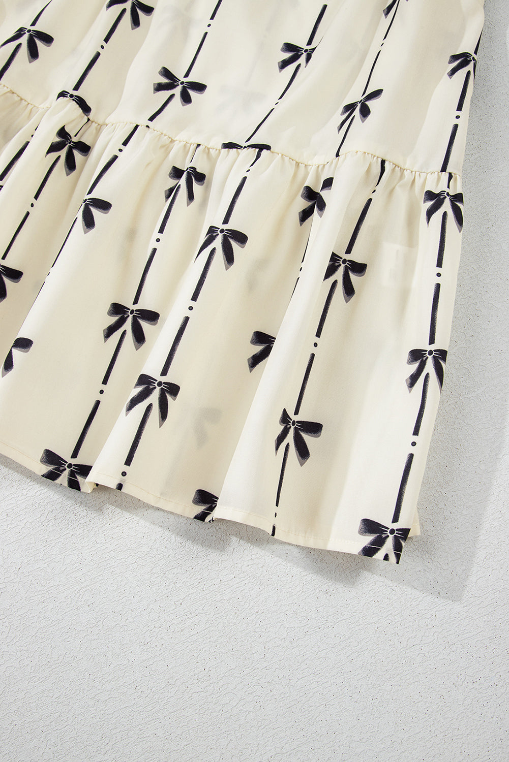 Beige Cute Bowknot Printed Bubble Sleeve V Neck Mini Dress-Chaelisa's New Jammies