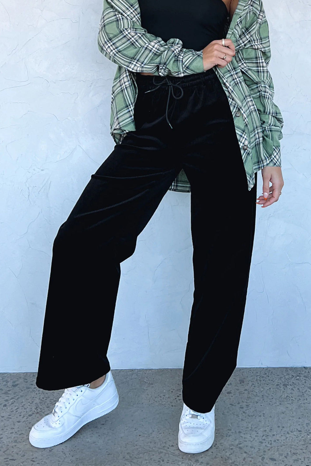 Black Solid Drawstring Waist Wide Leg Pants-Chaelisa's New Jammies