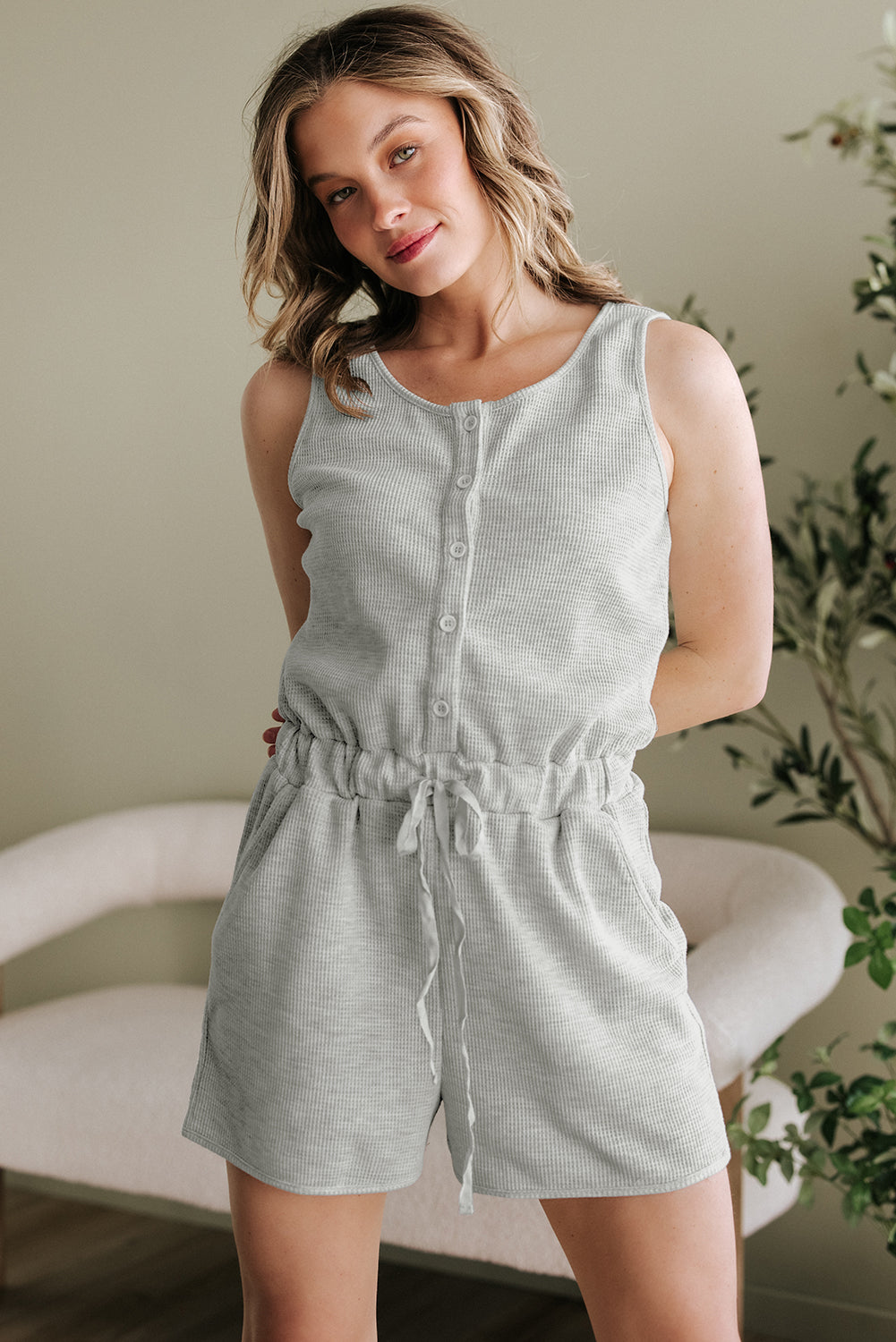 Light Grey Waffle Knit Sleeveless Buttoned Front Drawstring Waist Romper-Chaelisa's New Jammies