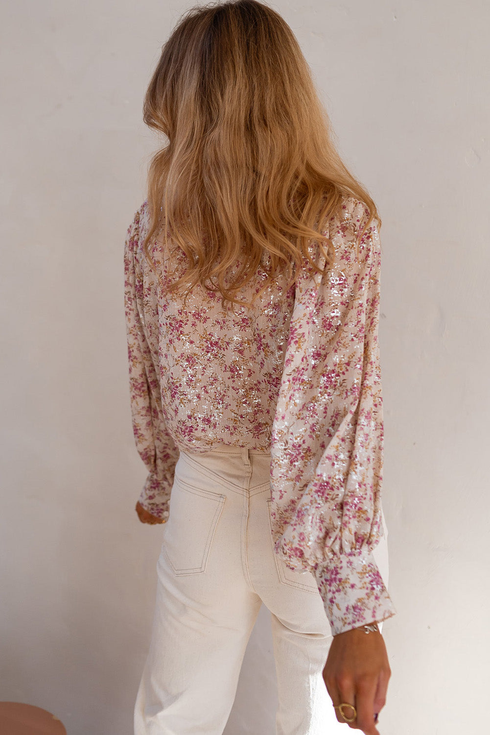 Pink Floral Print Bishop Sleeve Collared V Neck Shirt-Chaelisa's New Jammies