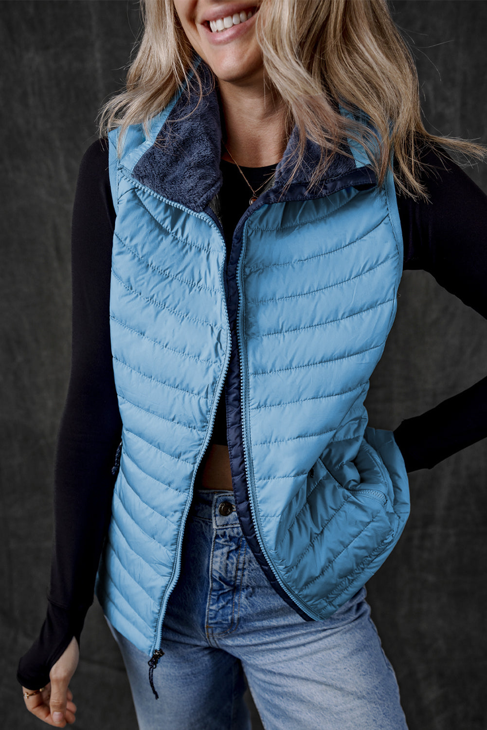 Sky Blue Plush Collared Quilted Zipped Puffer Vest-Chaelisa's New Jammies