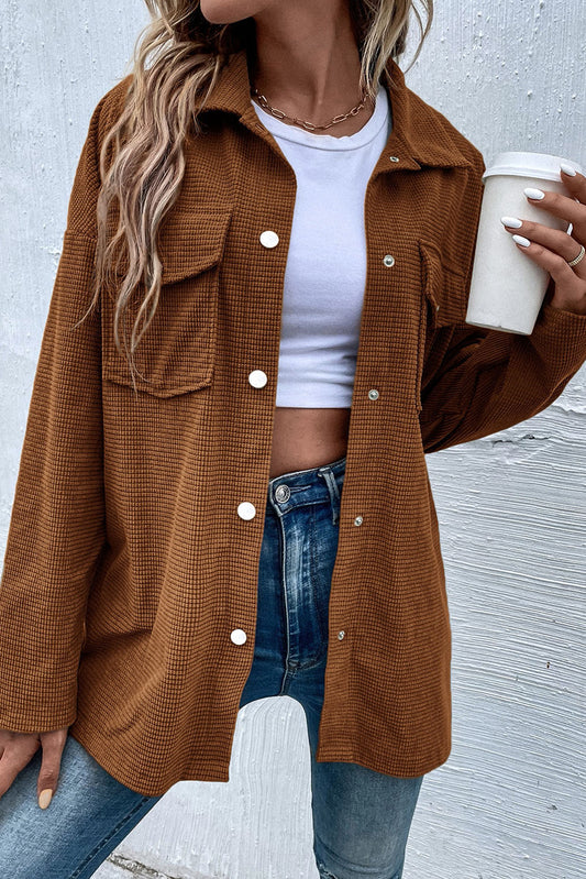 Brown Textured Flap Pocket Drop Shoulder Shacket-Chaelisa's New Jammies