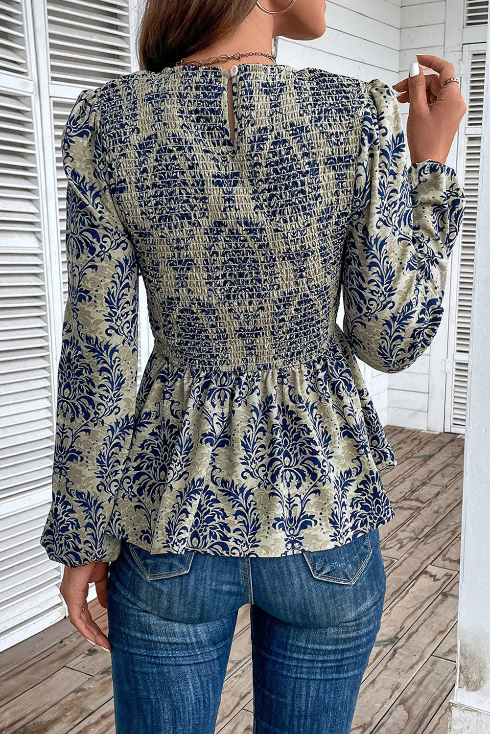 Sky Blue Boho Printed Balloon Sleeve Smocked Peplum Blouse-Chaelisa's New Jammies