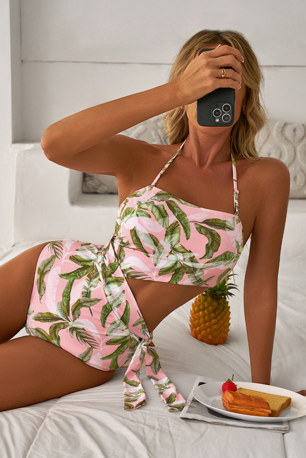 Pink Tropical Asymmetric Cut out Halter Backless One Piece Swimwear-Chaelisa's New Jammies