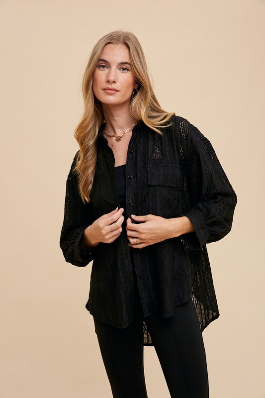 Annie Wear Openwork Button Down Drop Shoulder Shirt-Chaelisa's New Jammies
